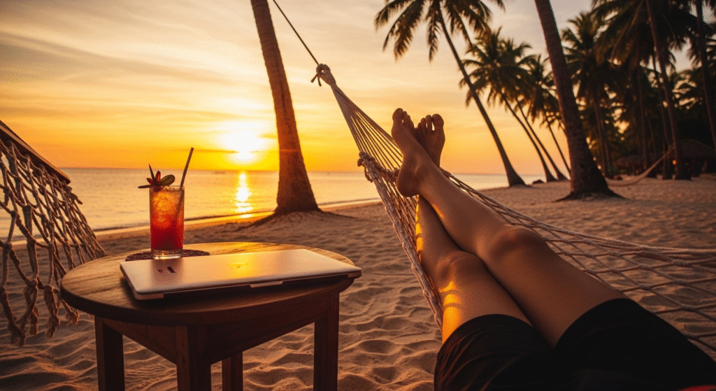 Manifesto delle ferie per Partita IVA. Un freelance si gode il tramonto in spiaggia con il portatile chiuso, simbolo del diritto alla disconnessione.