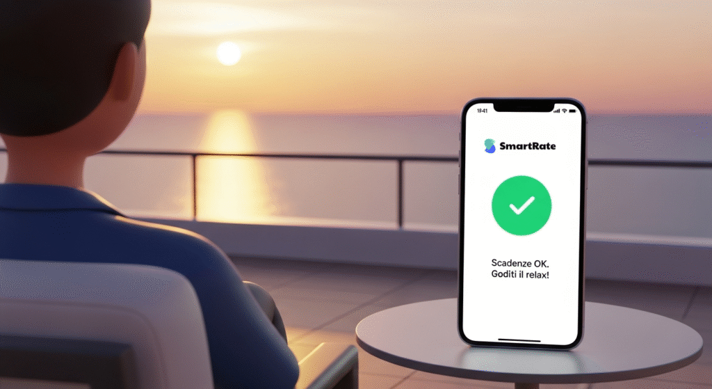 Checklist delle scadenze fiscali di agosto 2025 per partite IVA, con un'immagine di un laptop Smart Rate su una spiaggia a simboleggiare vacanze serene.