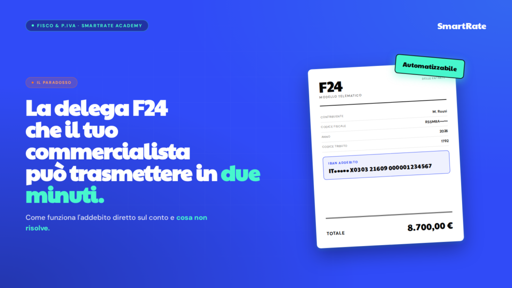 Delega di addebito F24 trasmessa dal commercialista tramite Entratel: mockup del modello F24 con IBAN evidenziato per l'addebito automatico